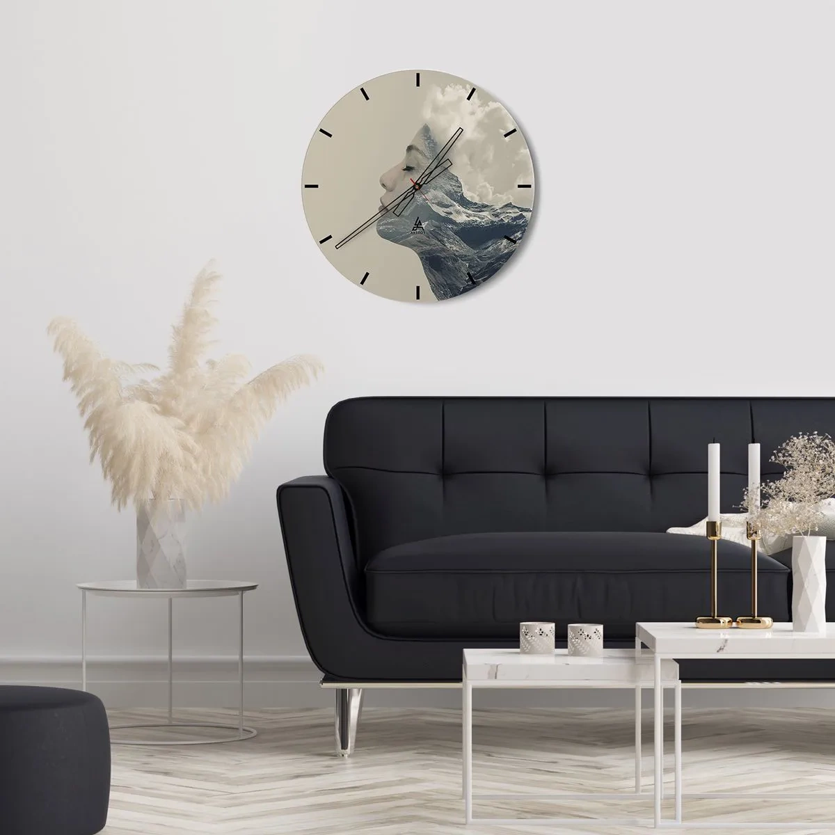 Ceas de perete - Ceas pe sticlă - Chipul unei femei împletit cu un peisaj montan - 30x30cm - Frumusețea elementelor - Decorațiune modernă pentru perete pentru living, bucătărie și dormitor ARTTOR