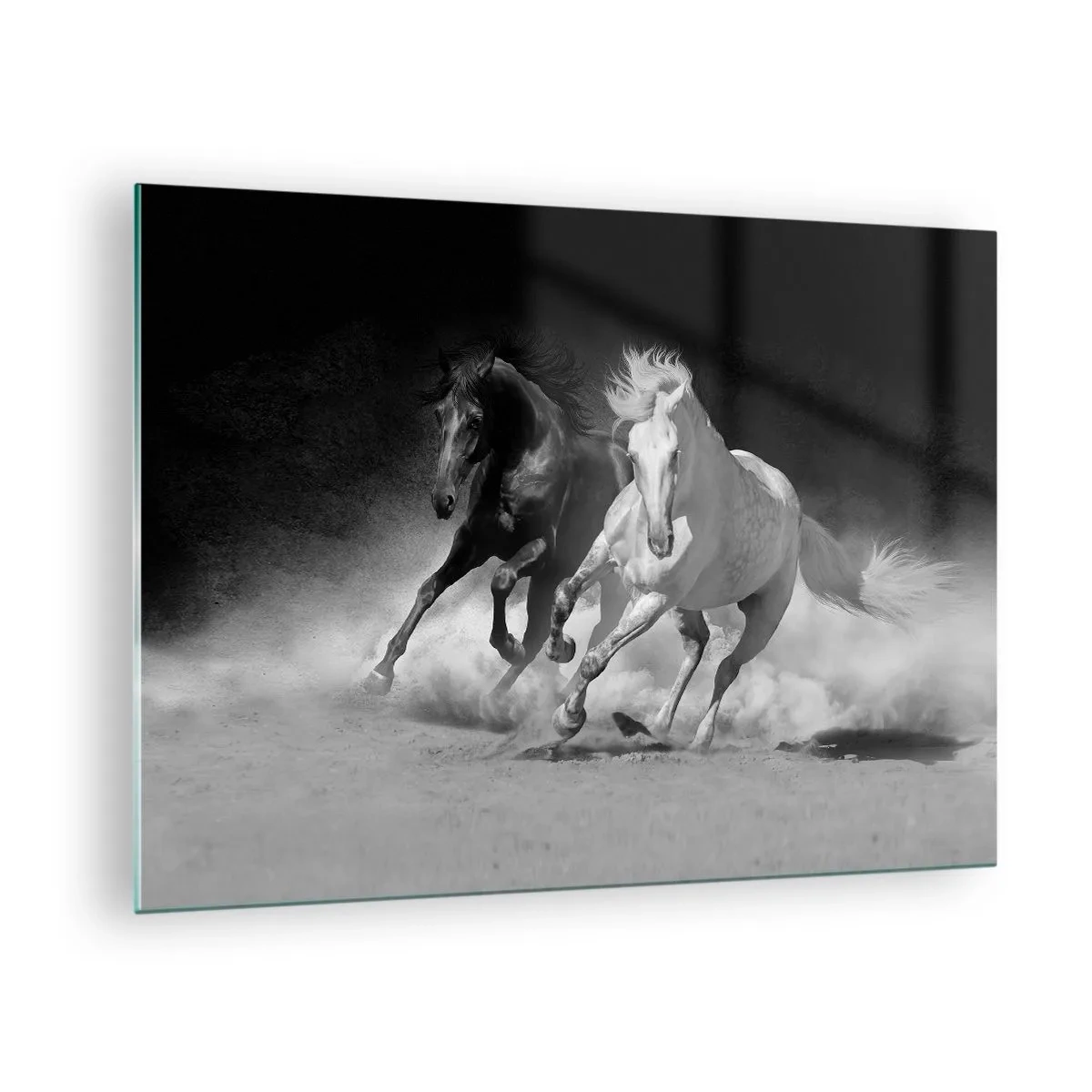 Tablou pe sticlă - Cai alergând în alb și negru - 70x50cm - Galopul libertății - Decorațiune modernă pentru perete pentru living și dormitor ARTTOR
