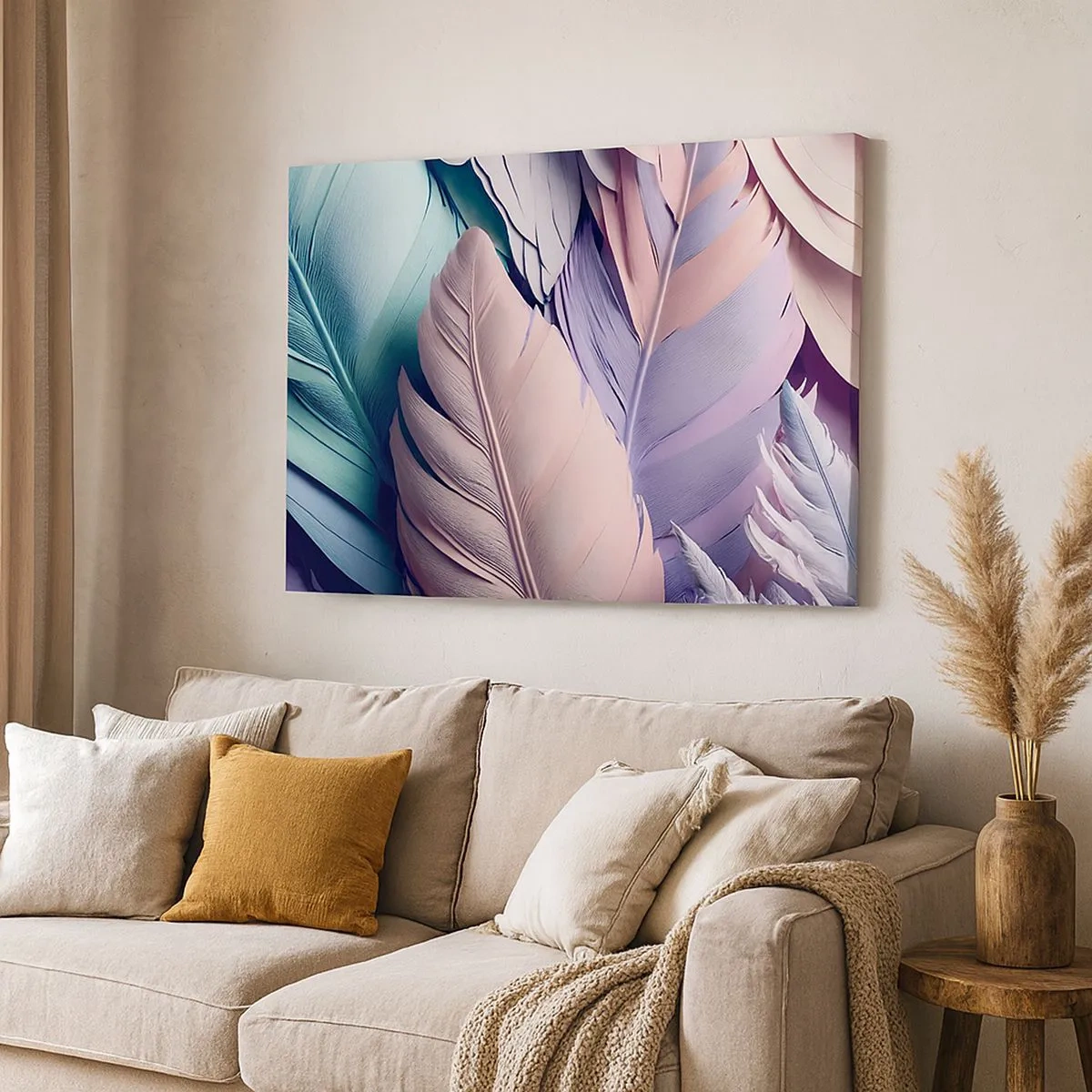 Tablou pe pânză Canvas - Pene colorate în nuanțe pastelate pe un fundal deschis - 70x50cm - Eleganța păsărilor - Decorațiune modernă pentru perete pentru living și dormitor ARTTOR