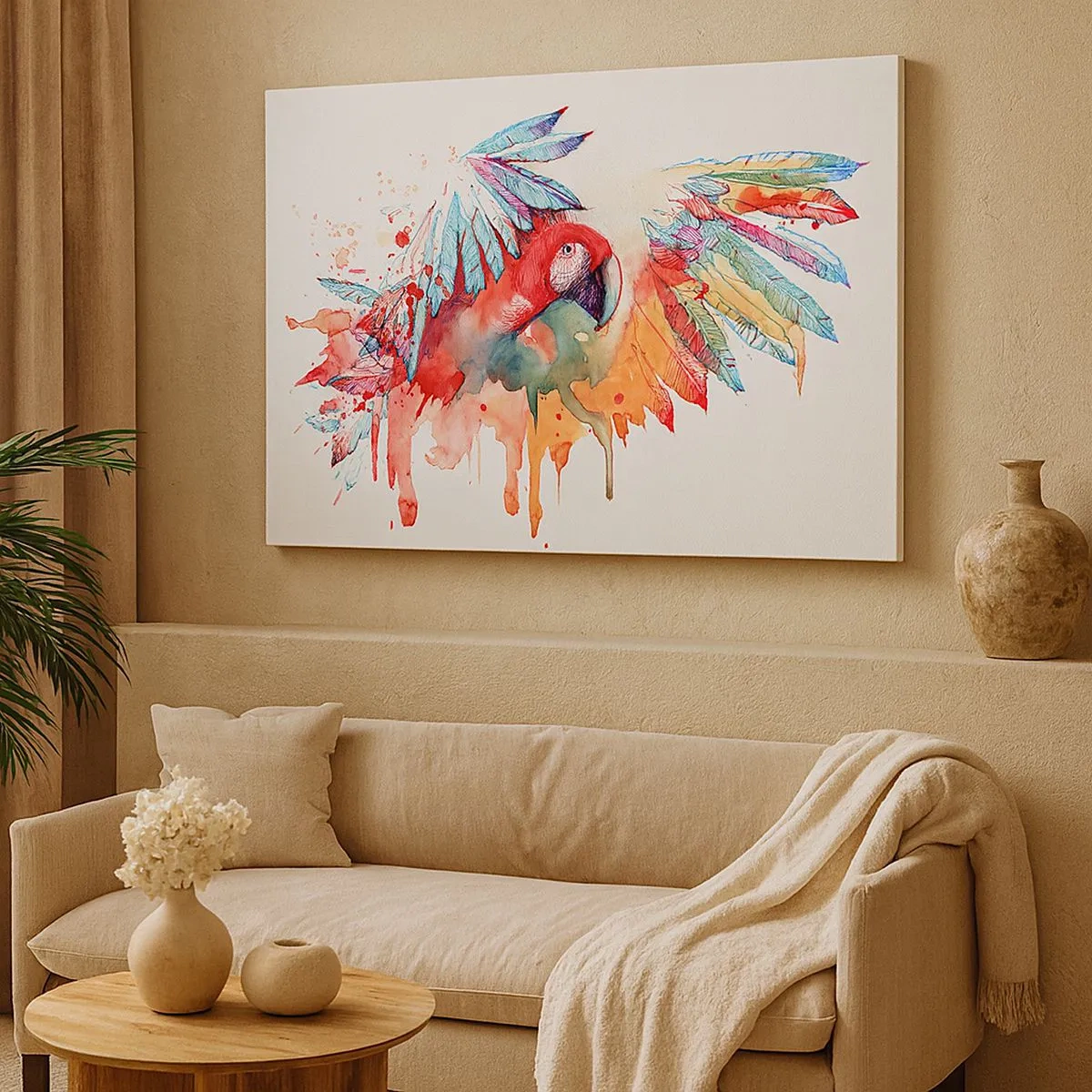 Tablou pe pânză Canvas - Un papagal într-un stil artistic de acuarelă - 70x50cm - Papagali colorați - Decorațiune modernă pentru perete pentru living și dormitor ARTTOR