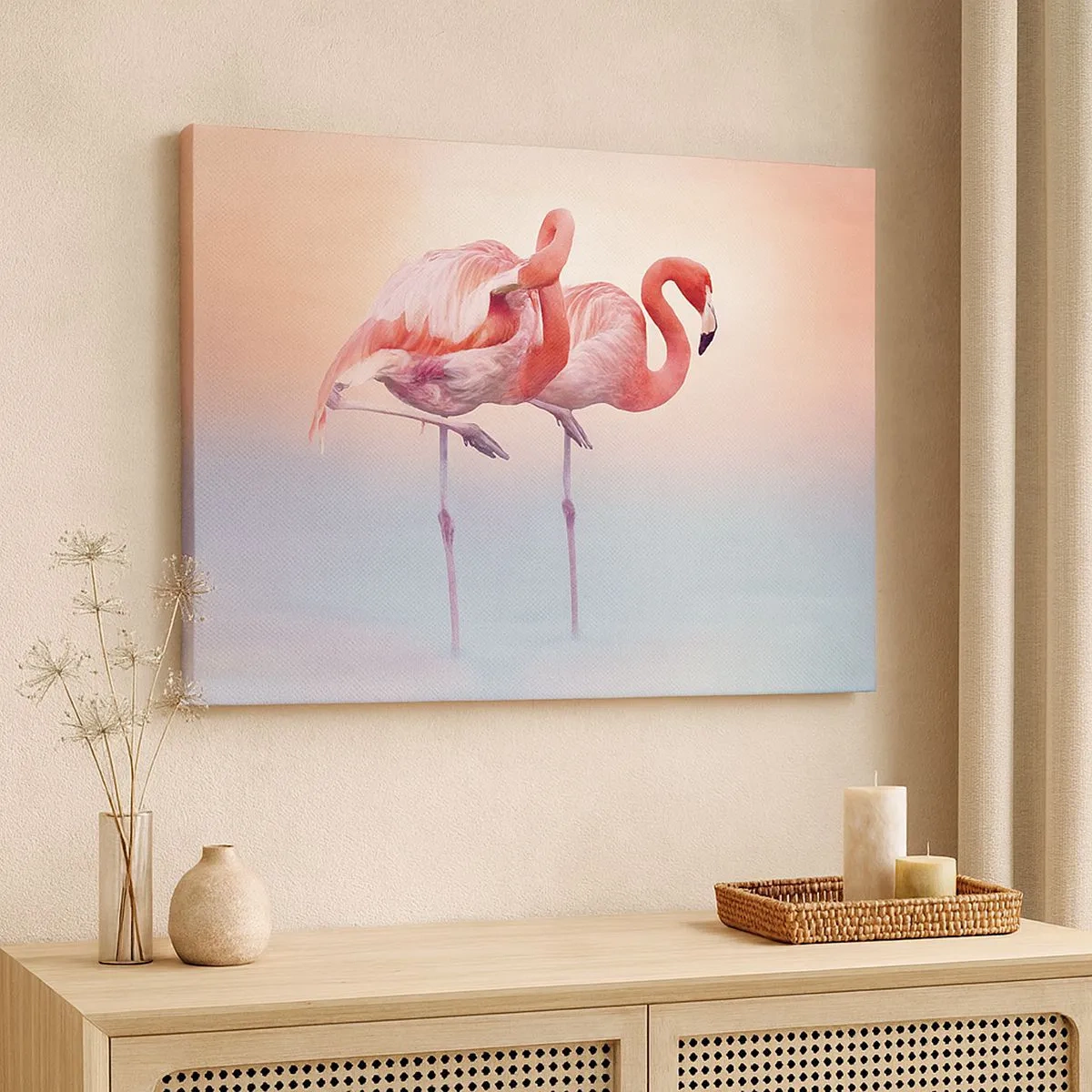 Tablou pe pânză Canvas - Flamingo în culori pastelate delicate pe un fundal de apă - 70x50cm - În culoarea soarelui care apune - Decorațiune modernă pentru perete pentru living și dormitor ARTTOR