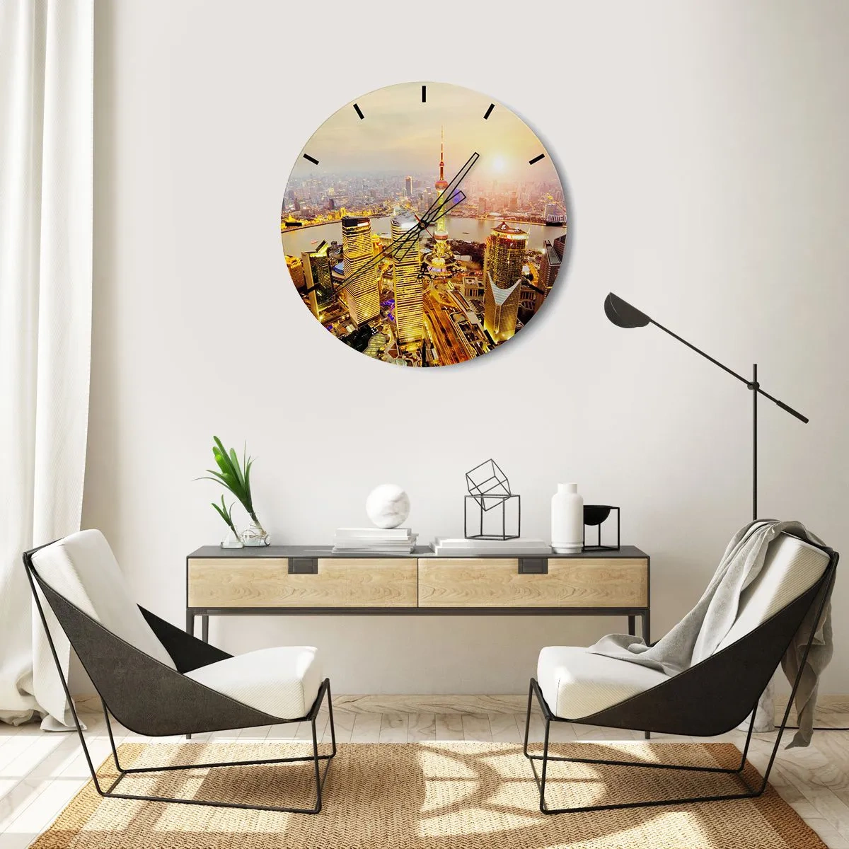 Ceas de perete - Ceas pe sticlă - Panoramă a orașului la apus, cu zgârie-nori și râu - 30x30cm - Visul asiatic - Decorațiune modernă pentru perete pentru living, bucătărie și dormitor ARTTOR