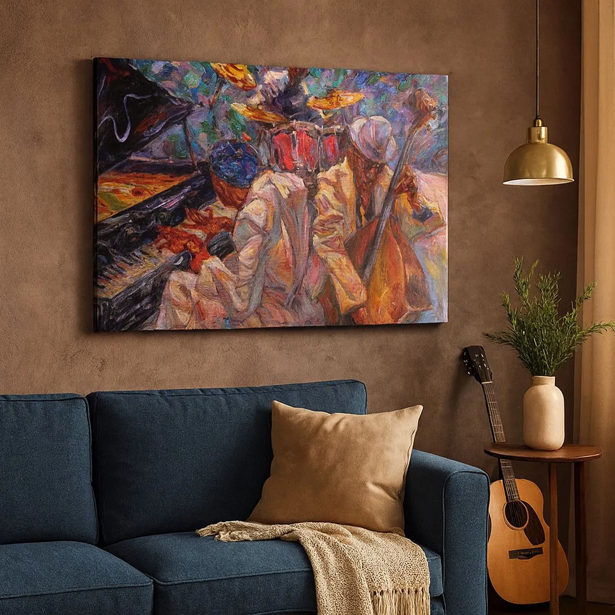 Tablou pe pânză Canvas - Scenă de jazz energică cu muzicieni și instrumente - 70x50cm - Într-un ritm - Decorațiune modernă pentru perete pentru living și dormitor ARTTOR