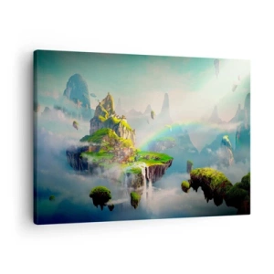 Tablou pe pânză Canvas - Insule zburătoare printre nori cu un curcubeu la orizont - 70x50cm - Insule fericite - Decorațiune modernă pentru perete pentru living și dormitor ARTTOR