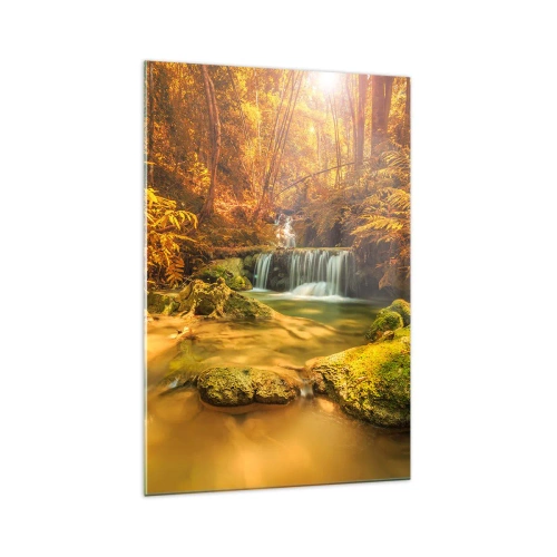 Tablou pe sticlă - Cascadă de pădure în aur - 70x100 cm
