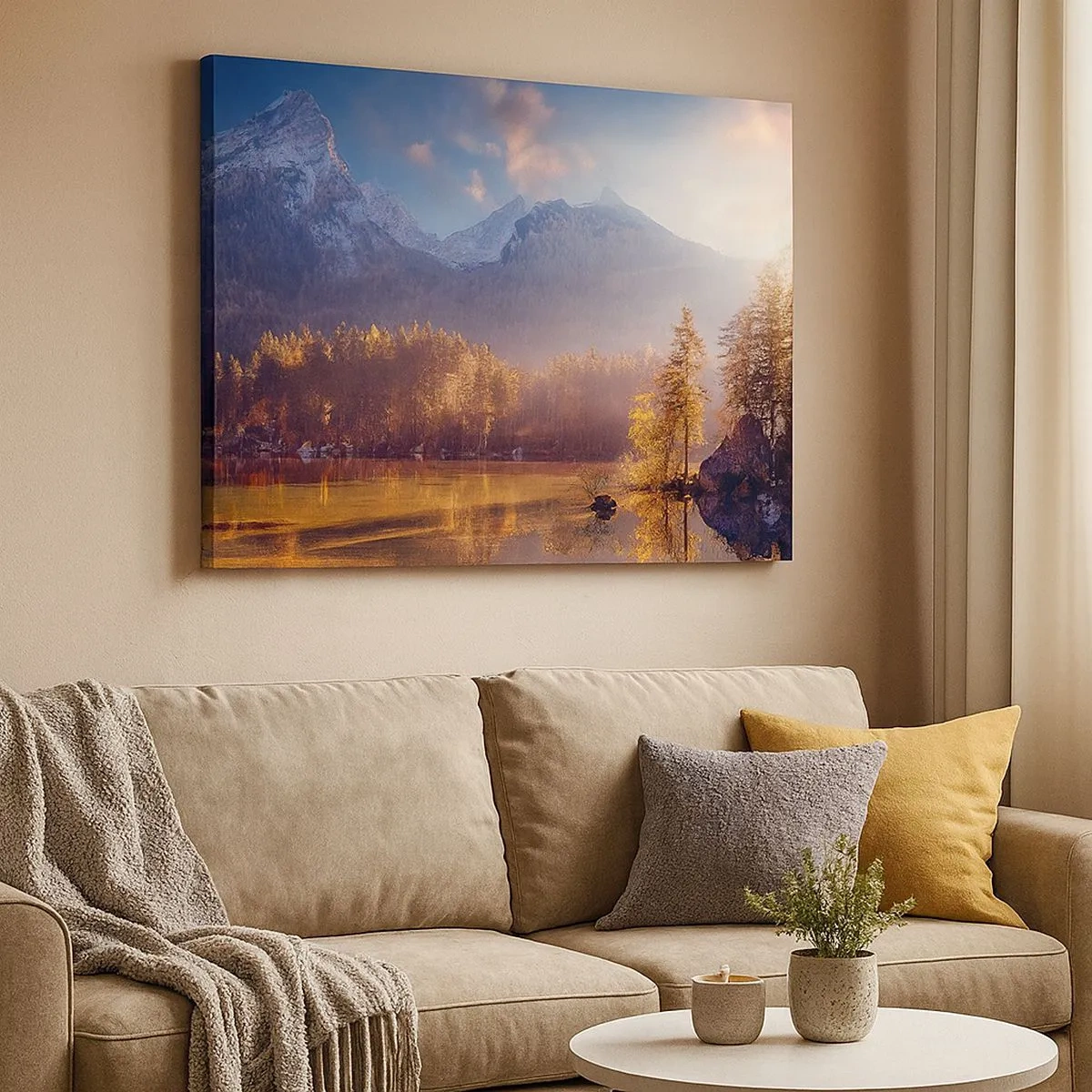 Tablou pe pânză Canvas - Vedere pitorească a pădurii de munte și a lacului în zori - 70x50cm - La munte și la deal - Decorațiune modernă pentru perete pentru living și dormitor ARTTOR