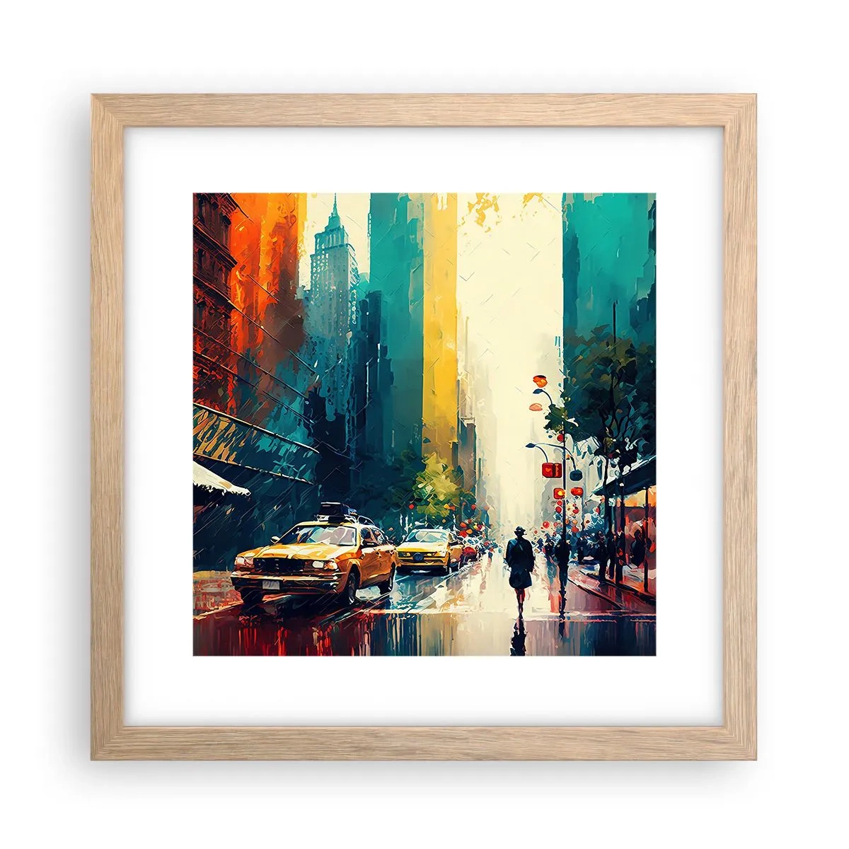 Poster în ramă de stejar deschis - New York - aici și ploaia este colorată - 30x30 cm