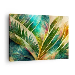 Tablou pe pânză Canvas - Frunze tropicale colorate pe un fundal deschis - 70x50cm - Culorile tropicelor - Decorațiune modernă pentru perete pentru living și dormitor ARTTOR