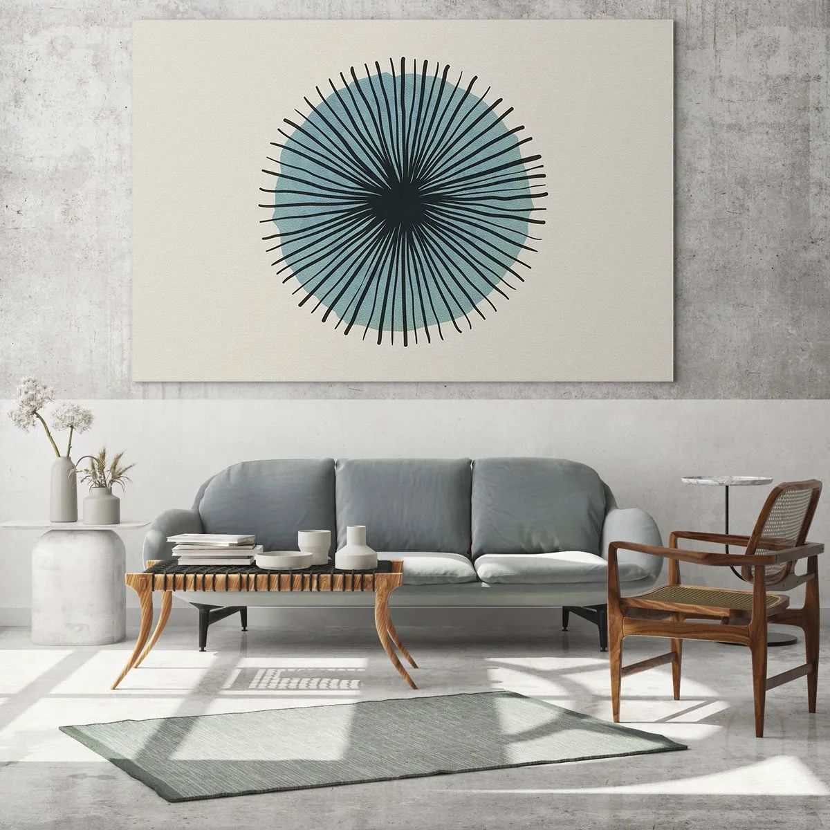 Tablou pe sticlă - Model geometric în nuanțe de turcoaz și negru - 70x50cm - Radiant pe albastru - Decorațiune modernă pentru perete pentru living și dormitor ARTTOR
