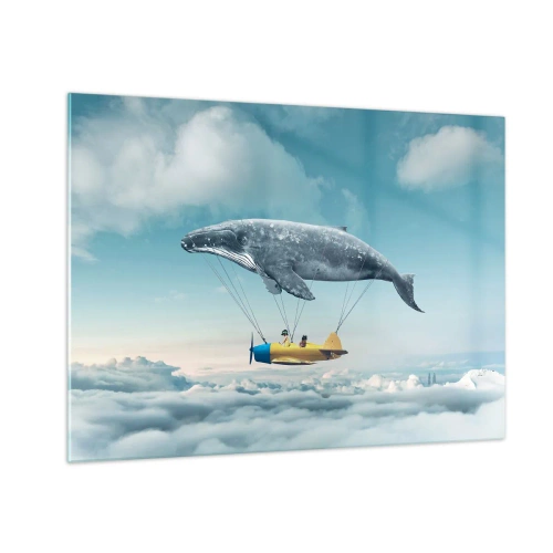 Tablou pe sticlă - O balenă ridică un avion deasupra norilor într-un decor suprarealist. - 70x50cm - De ce nu? - Decorațiune modernă pentru perete pentru living și dormitor ARTTOR