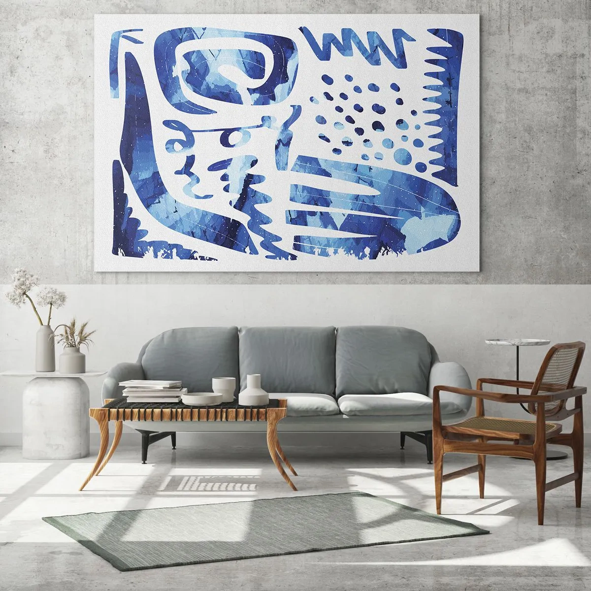 Tablou pe sticlă - Abstracție albastră dinamică cu forme geometrice - 70x50cm - Înapoi la rădăcini - Decorațiune modernă pentru perete pentru living și dormitor ARTTOR