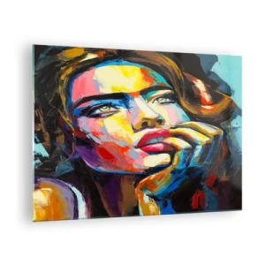 Tablou pe sticlă - Portretul unei femei în culori abstracte intense - 70x50cm - Visele ca niște păsări se înalță pe cer - Decorațiune modernă pentru perete pentru living și dormitor ARTTOR