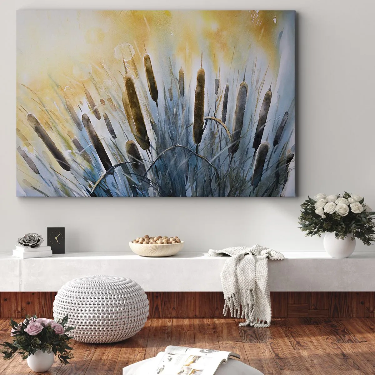 Tablou pe pânză Canvas - Stuf pitoresc în razele soarelui - 70x50cm - Răcoarea apei, căldura soarelui - Decorațiune modernă pentru perete pentru living și dormitor ARTTOR