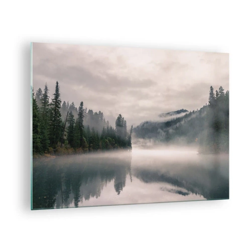 Tablou pe sticlă - Vedere de dimineață a unui lac în pădure, învăluit în ceață - 70x50cm - În reverie, în ceață - Decorațiune modernă pentru perete pentru living și dormitor ARTTOR