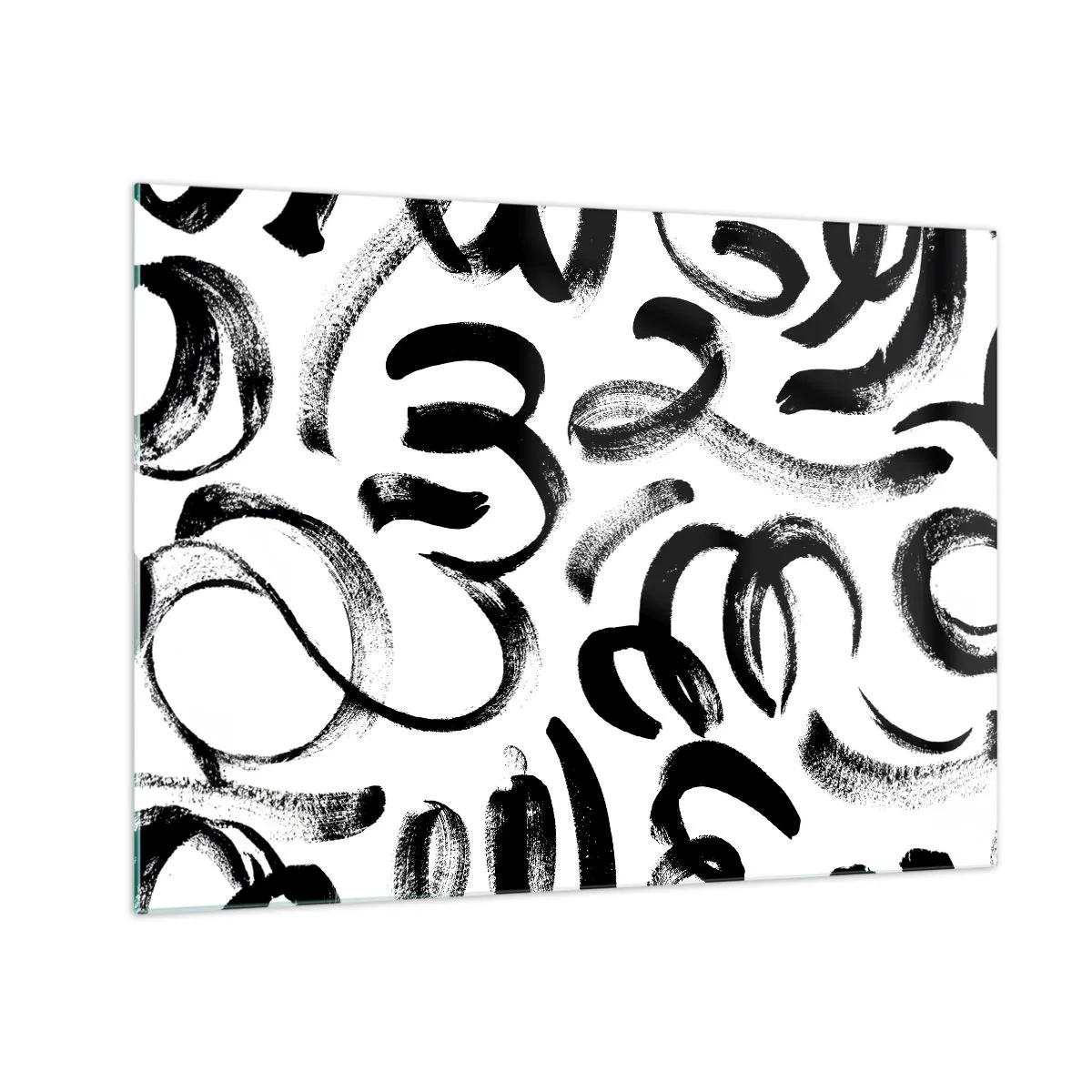 Tablou pe sticlă - Tușe de pensulă abstracte alb-negru - 70x50cm - Negru pe alb - Decorațiune modernă pentru perete pentru living și dormitor ARTTOR