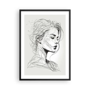 Poster în ramă neagră - O schiță a unei femei cu părul lung, creată într-un stil minimalist. - 50x70cm - Desenată cu linii - Decorațiune modernă pentru perete pentru living și dormitor ARTTOR