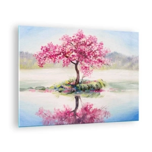 Tablou pe sticlă - Un copac roz pe o insulă reflectat în apa calmă - 70x50cm - Festivalul Primăverii - Decorațiune modernă pentru perete pentru living și dormitor ARTTOR