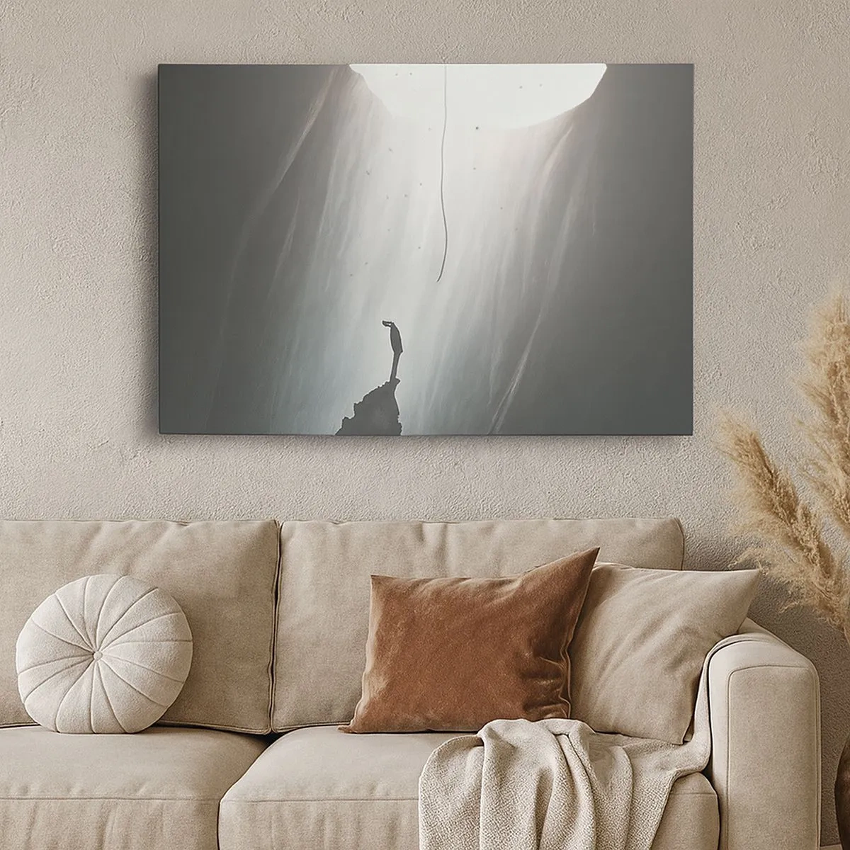 Tablou pe pânză Canvas - Silueta unui bărbat pe podeaua unei peșteri cu vedere la lumină - 70x50cm - Există întotdeauna o cale de ieșire - Decorațiune modernă pentru perete pentru living și dormitor ARTTOR