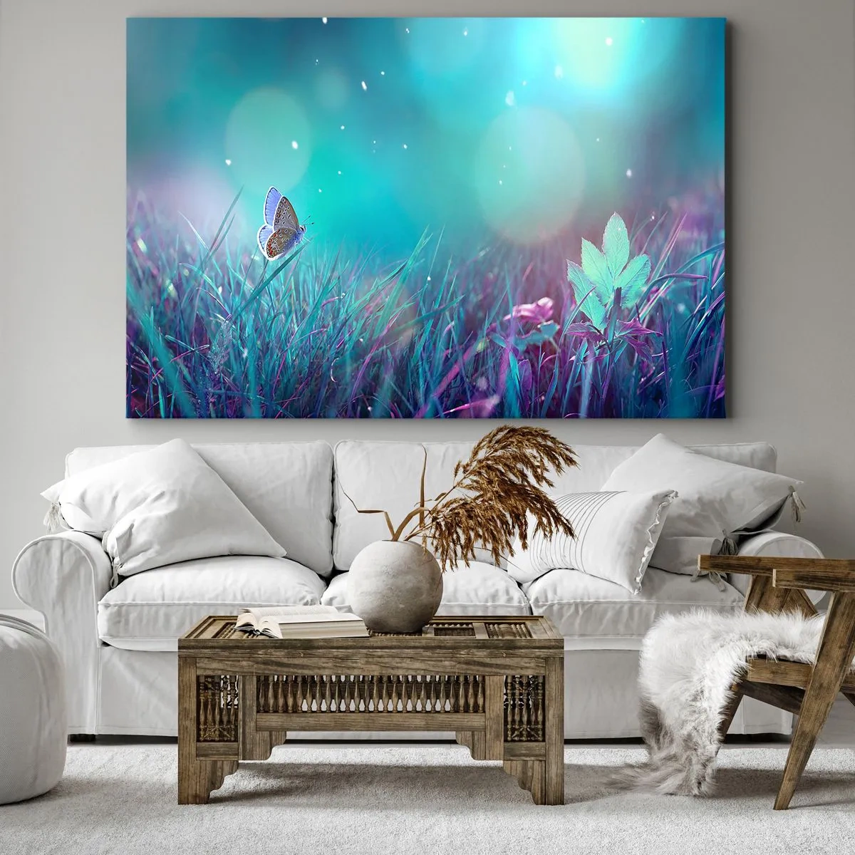 Tablou pe pânză Canvas - Un fluture pe iarbă în lumina reflexiilor neclare - 70x50cm - Viața secretă a luncii - Decorațiune modernă pentru perete pentru living și dormitor ARTTOR