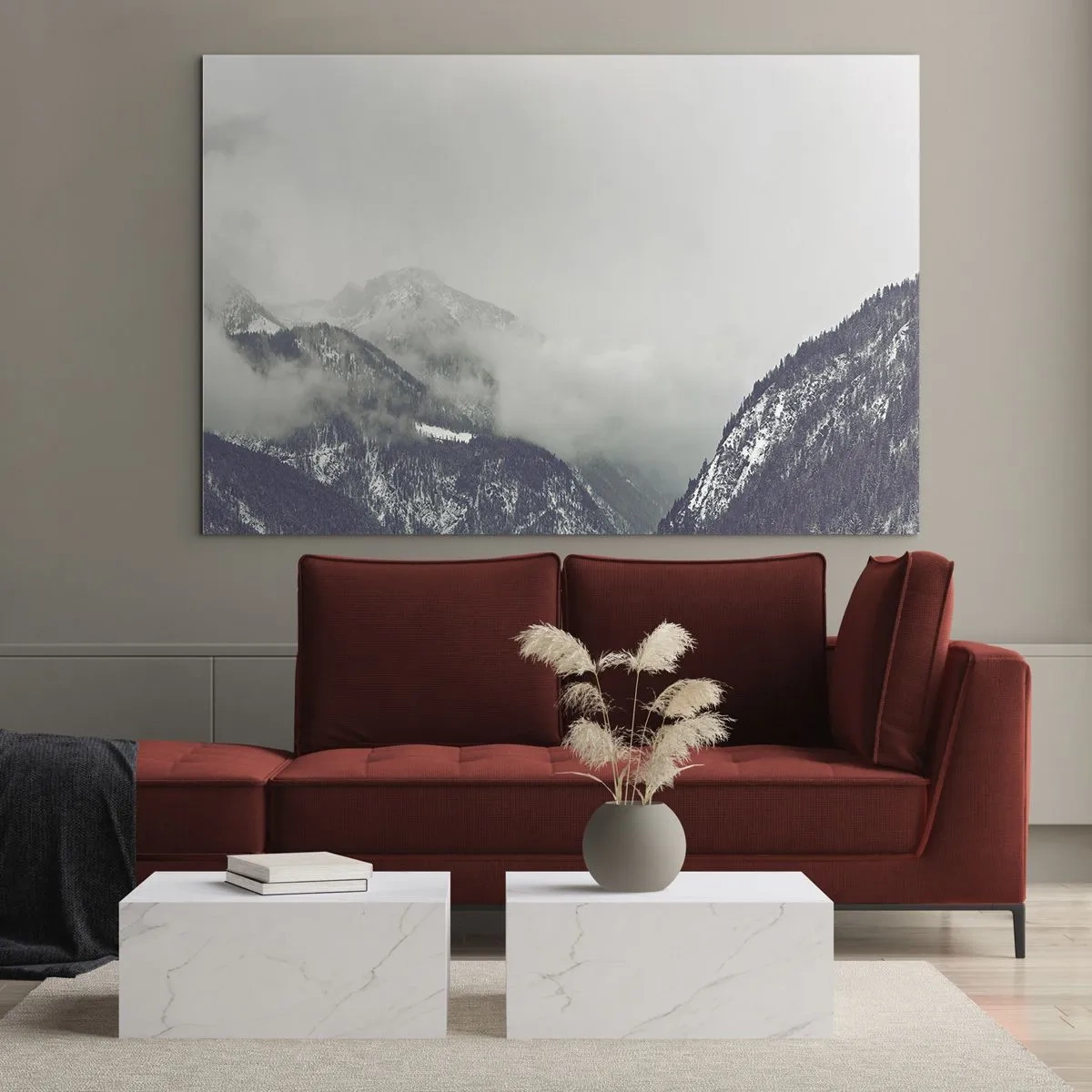 Tablou pe sticlă - O vale de munte în ceață în nuanțe de gri - 70x50cm - Valea cețoasă - Decorațiune modernă pentru perete pentru living și dormitor ARTTOR