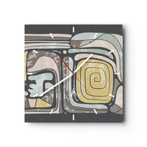 Ceas de perete - Ceas pe sticlă - Abstracție în spirit precolumbian - 30x30 cm
