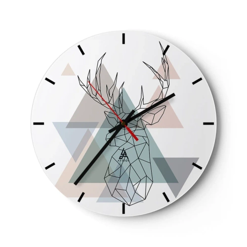 Ceas de perete - Ceas pe sticlă - Imagine geometrică a unui cerb pe un fundal de triunghiuri - 30x30cm - Într-o pădure geometrică - Decorațiune modernă pentru perete pentru living, bucătărie și dormitor ARTTOR