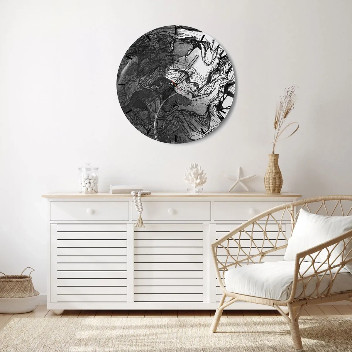 Ceas de perete - Ceas pe sticlă - Abstracție alb-negru cu linii curgătoare și textură - 30x30cm - Încurcată în vise - Decorațiune modernă pentru perete pentru living, bucătărie și dormitor ARTTOR