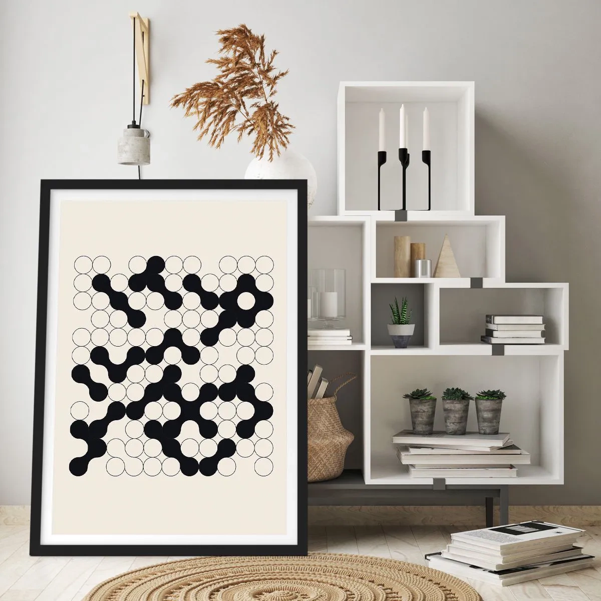Poster în ramă neagră - Compoziție geometrică de cercuri alb-negru - 50x70cm - Joc chinezesc - o variație - Decorațiune modernă pentru perete pentru living și dormitor ARTTOR