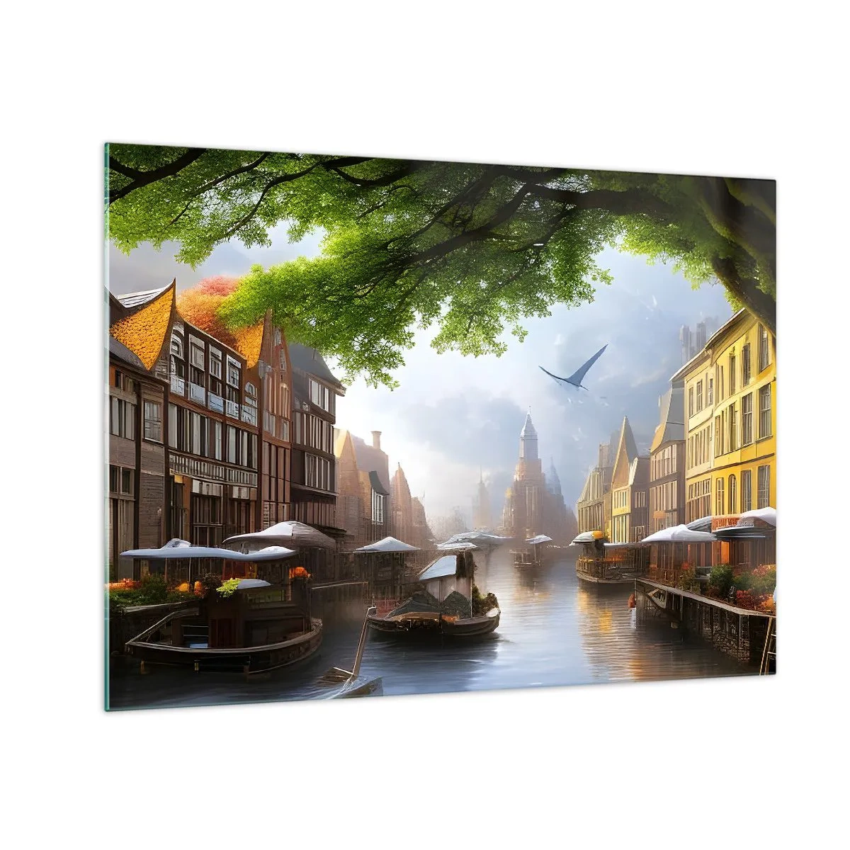 Tablou pe sticlă - O vedere atmosferică a unui canal olandez cu bărci și clădiri - 70x50cm - Peisaj urban olandez - Decorațiune modernă pentru perete pentru living și dormitor ARTTOR