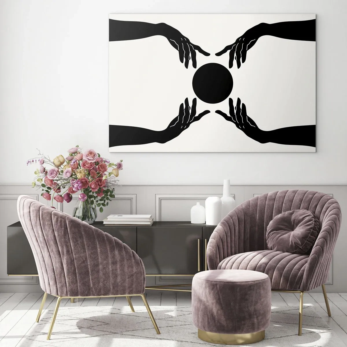Tablou pe sticlă - Mâini negre în jurul unui cerc negru pe un fundal deschis - 70x50cm - Semnul secret - Decorațiune modernă pentru perete pentru living și dormitor ARTTOR
