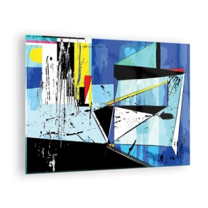 Tablou pe sticlă - Compoziție geometrică abstractă în nuanțe de albastru - 70x50cm - Privind lumea dintr-un unghi... - Decorațiune modernă pentru perete pentru living și dormitor ARTTOR