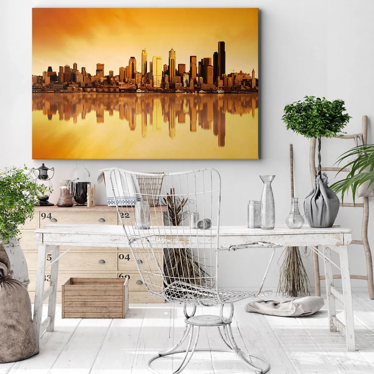 Tablou pe pânză Canvas - Panorama orașului reflectată în apă la apus - 70x50cm - Liniștea metropolei - Decorațiune modernă pentru perete pentru living și dormitor ARTTOR