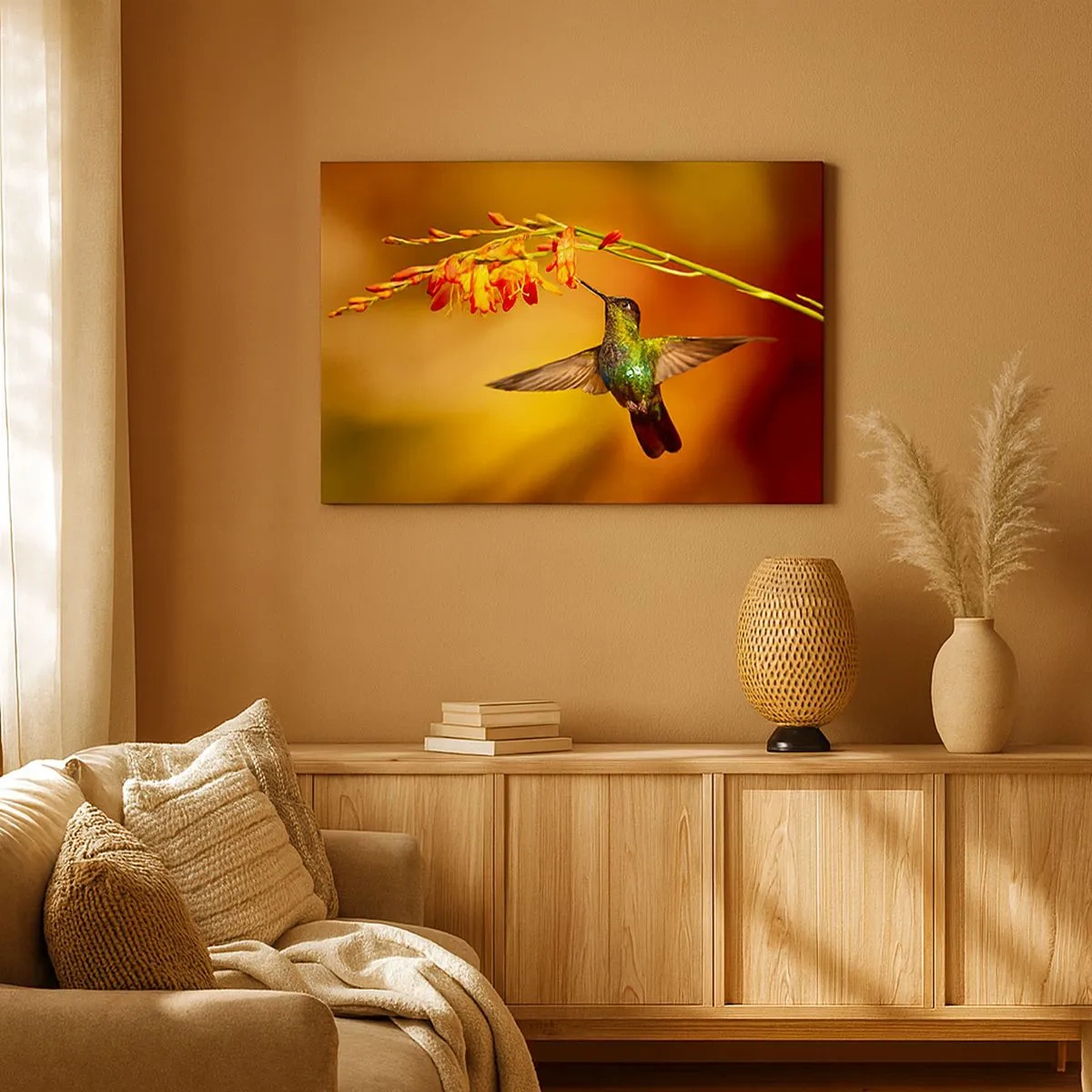 Tablou pe pânză Canvas - Colibri lângă o floare în lumina caldă - 70x50cm - Mesagerul mayaș al luminii - Decorațiune modernă pentru perete pentru living și dormitor ARTTOR
