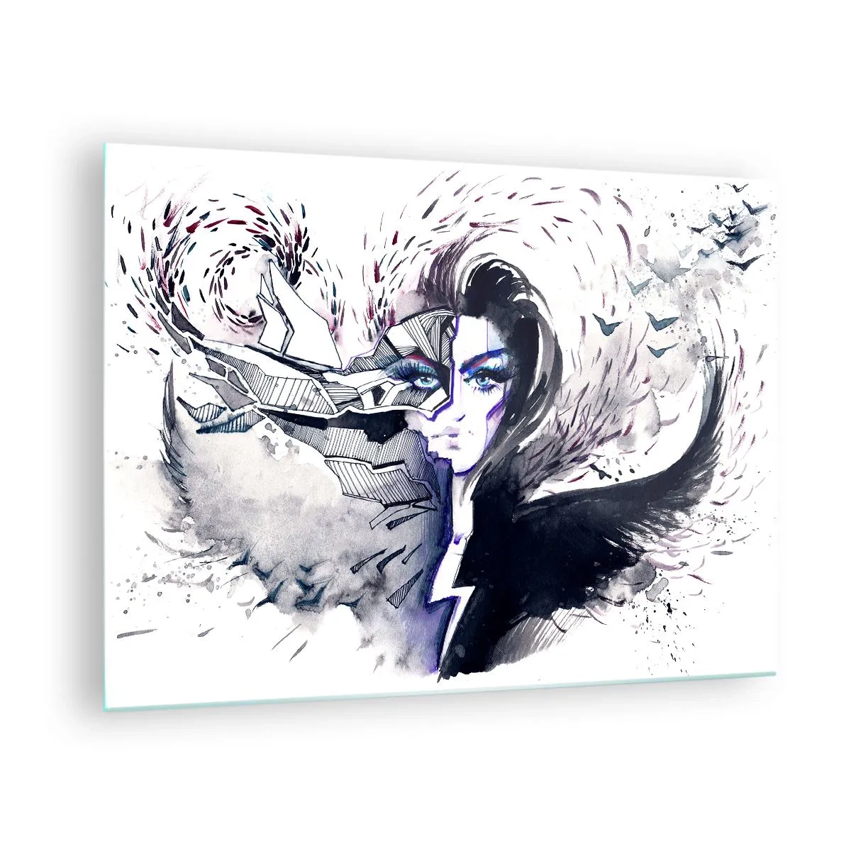 Tablou pe sticlă - Portret abstract cu elemente dinamice și negru - 70x50cm - Demonică și frumoasă - Decorațiune modernă pentru perete pentru living și dormitor ARTTOR