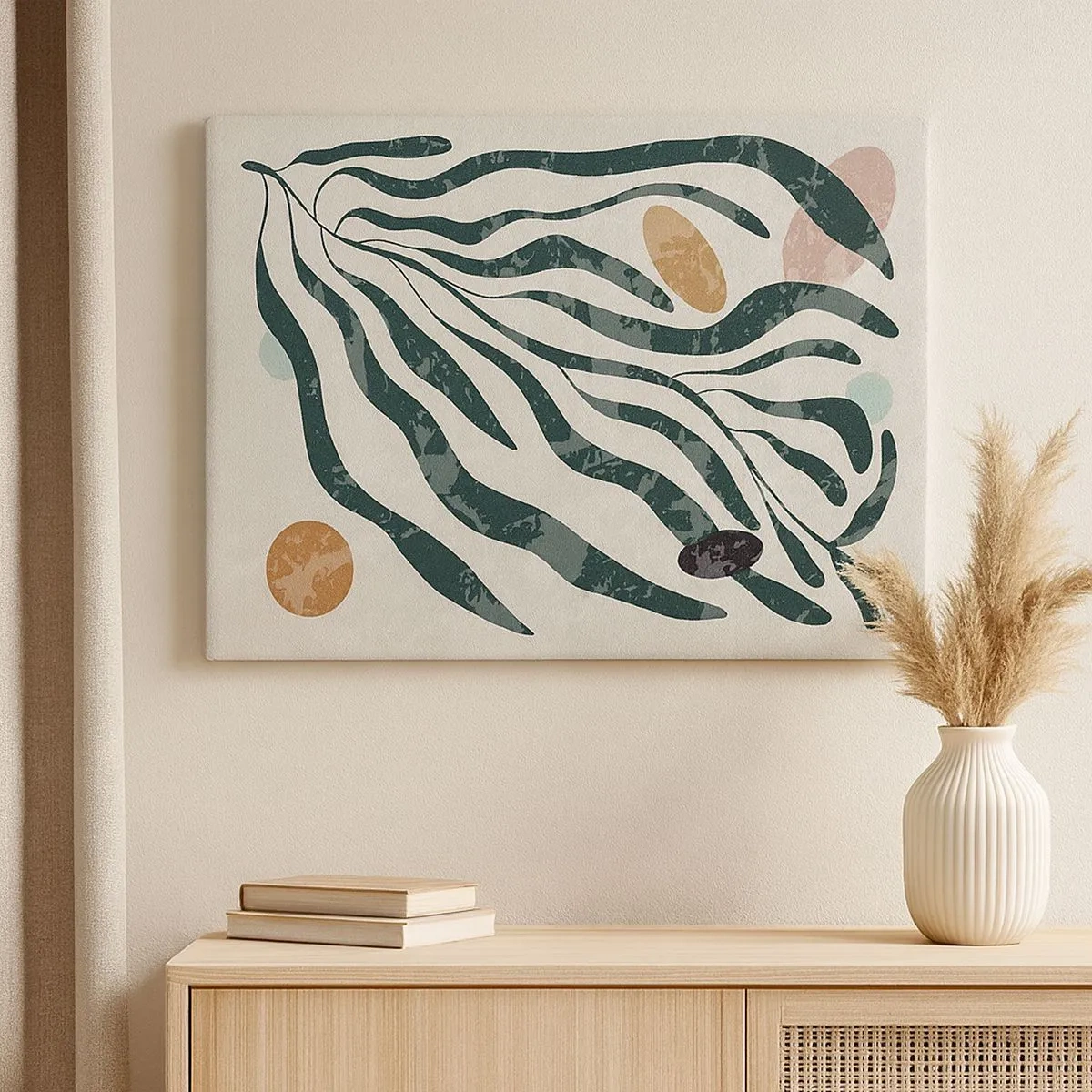 Tablou pe pânză Canvas - Linii și forme organice în verde și bej - 70x50cm - În mijlocul vegetației - Decorațiune modernă pentru perete pentru living și dormitor ARTTOR