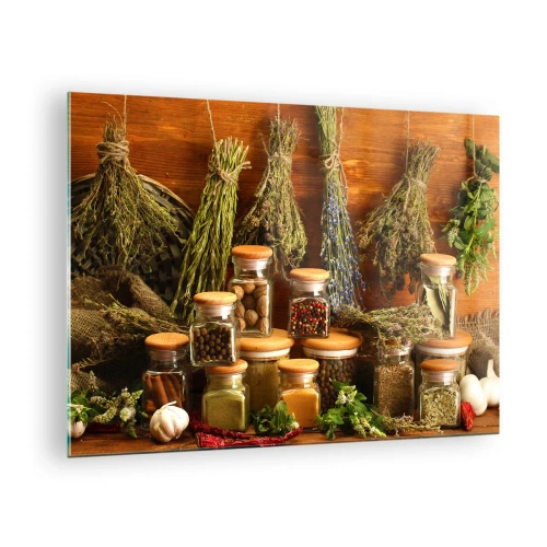 Tablou pe sticlă - Ierburi și condimente în borcane pe fundal de lemn - 70x50cm - Vrăjitorie de bucătărie - Decorațiune modernă pentru perete pentru living și dormitor ARTTOR