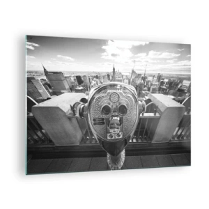 Tablou pe sticlă - Vedere alb-negru a orașului New York cu un telescop de observare - 70x50cm - Orașul de deasupra orașelor - Decorațiune modernă pentru perete pentru living și dormitor ARTTOR