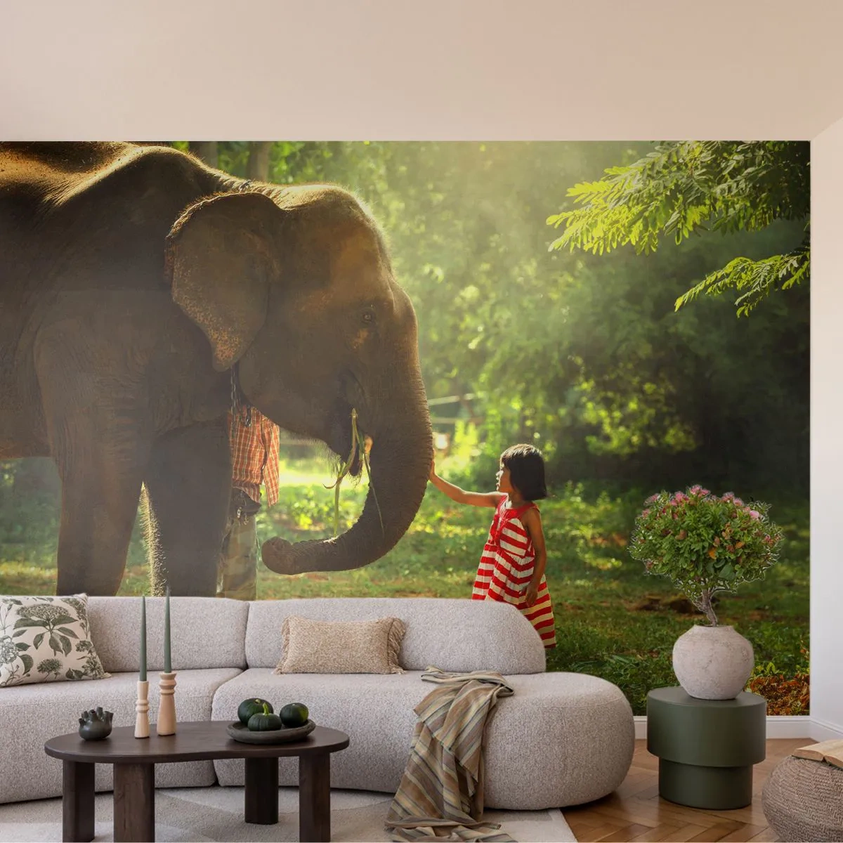 Tapet Premium Sand - Puterea prieteniei - Animale, Elefant, Fată - 150x105 cm