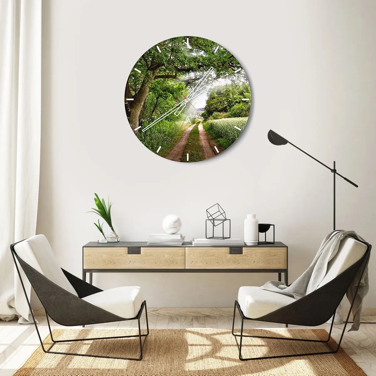 Ceas de perete - Ceas pe sticlă - Un drum forestier printre copaci verzi și câmpuri într-o zi însorită - 30x30cm - Et in Arcadia ego - Decorațiune modernă pentru perete pentru living, bucătărie și dormitor ARTTOR