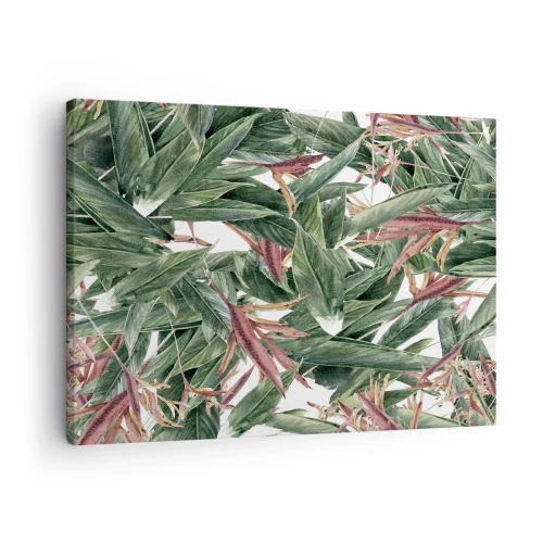Tablou pe pânză Canvas - Un motiv decorativ de frunze în nuanțe de verde și vișiniu pe un fundal deschis - 70x50cm - Tufișuri de smarald și liliac - Decorațiune modernă pentru perete pentru living și dormitor ARTTOR