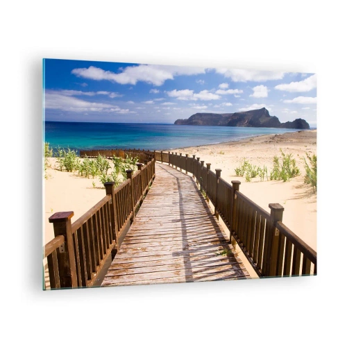 Tablou pe sticlă - Cale de lemn pe plajă care duce la mare - 70x50cm - Du-mă în insulele fericite - Decorațiune modernă pentru perete pentru living și dormitor ARTTOR