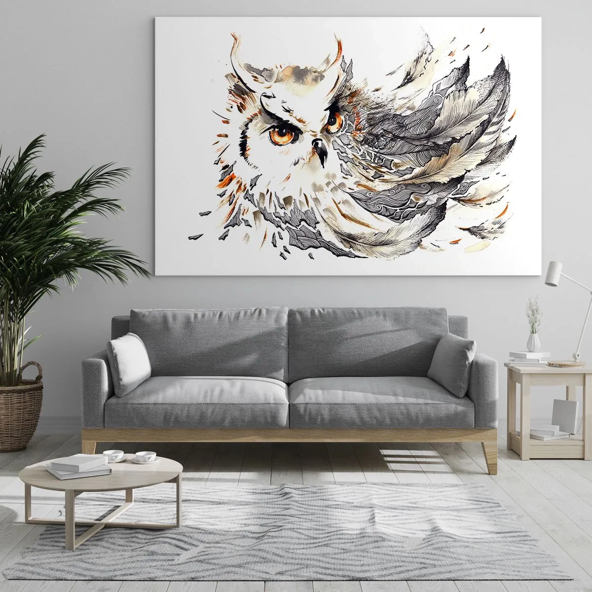Tablou pe sticlă - O bufniță cu pene artistice în nuanțe de portocaliu și gri. - 70x50cm - Ea a venit din lumea magiei - Decorațiune modernă pentru perete pentru living și dormitor ARTTOR