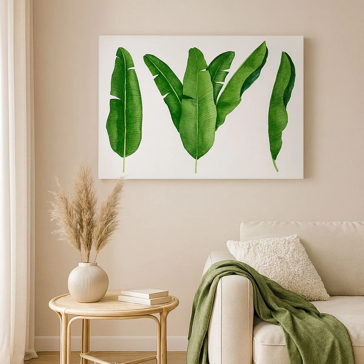 Tablou pe pânză Canvas - Trei frunze de bananier într-o abordare artistică - 70x50cm - Simetrie verde - Decorațiune modernă pentru perete pentru living și dormitor ARTTOR