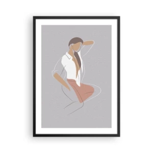 Poster în ramă neagră - O siluetă minimalistă a unei femei pe un fundal gri - 50x70cm - Schiță de farmec - Decorațiune modernă pentru perete pentru living și dormitor ARTTOR
