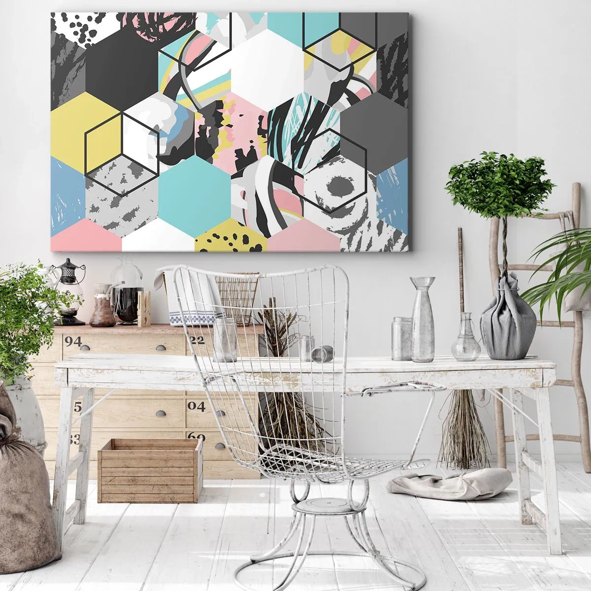 Tablou pe pânză Canvas - Model hexagonal geometric cu detalii abstracte colorate - 70x50cm - Hexagoane și cuburi în șase culori - Decorațiune modernă pentru perete pentru living și dormitor ARTTOR