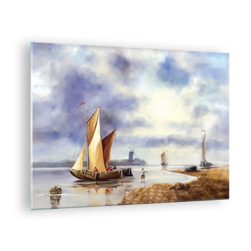 Tablou pe sticlă - Bărci cu pânze pe un lac liniștit, cu mori de vânt în fundal - 70x50cm - Întoarcerea marinarilor - Decorațiune modernă pentru perete pentru living și dormitor ARTTOR