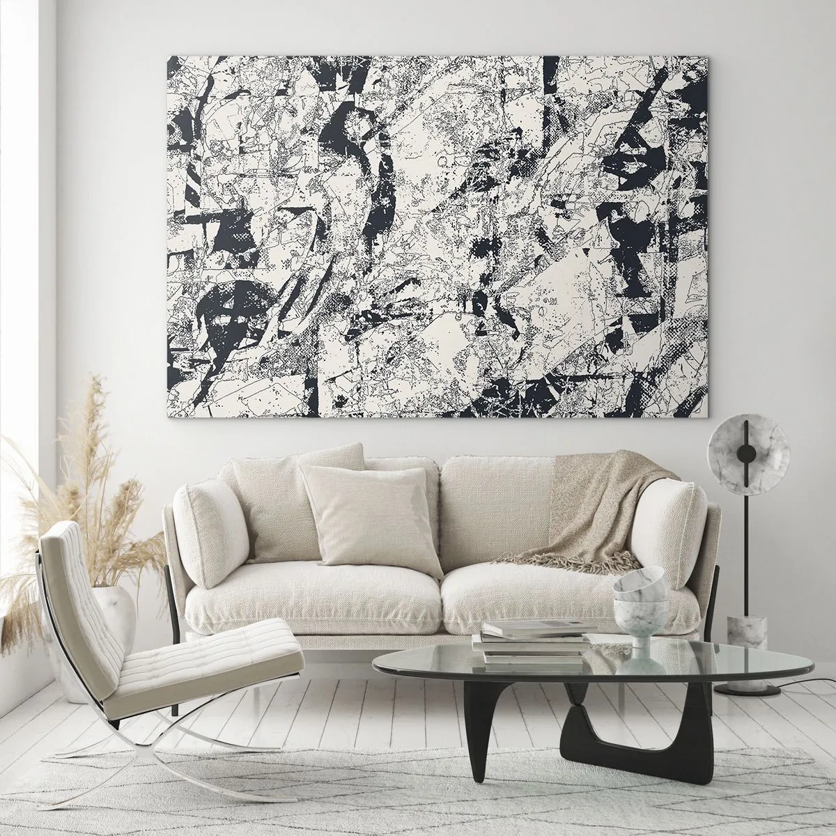 Tablou pe sticlă - Abstracție alb-negru cu linii și texturi dinamice - 70x50cm - Întrepătrunderea contrariilor - Decorațiune modernă pentru perete pentru living și dormitor ARTTOR