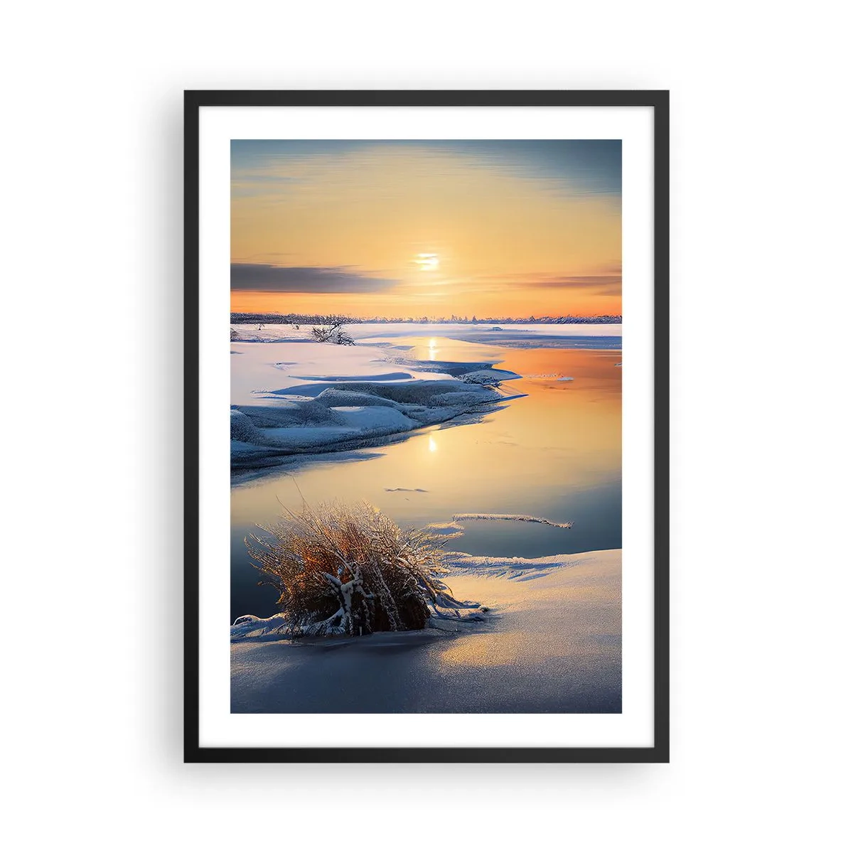 Poster în ramă neagră - Peisaj de iarnă cu un râu la apus - 50x70cm - Apus de soare pe timp de iarnă - Decorațiune modernă pentru perete pentru living și dormitor ARTTOR