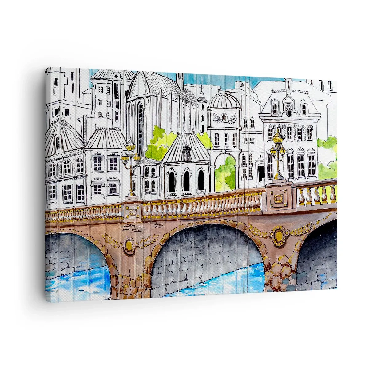 Tablou pe pânză Canvas - Desen al podului și al arhitecturii urbane istorice - 70x50cm - Orașul frumos ca o pictură - Decorațiune modernă pentru perete pentru living și dormitor ARTTOR