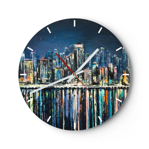 Ceas de perete - Ceas pe sticlă - Panoramă nocturnă a orașului cu reflexii de lumină pe apă - 30x30cm - Cascadă de lumini - Decorațiune modernă pentru perete pentru living, bucătărie și dormitor ARTTOR